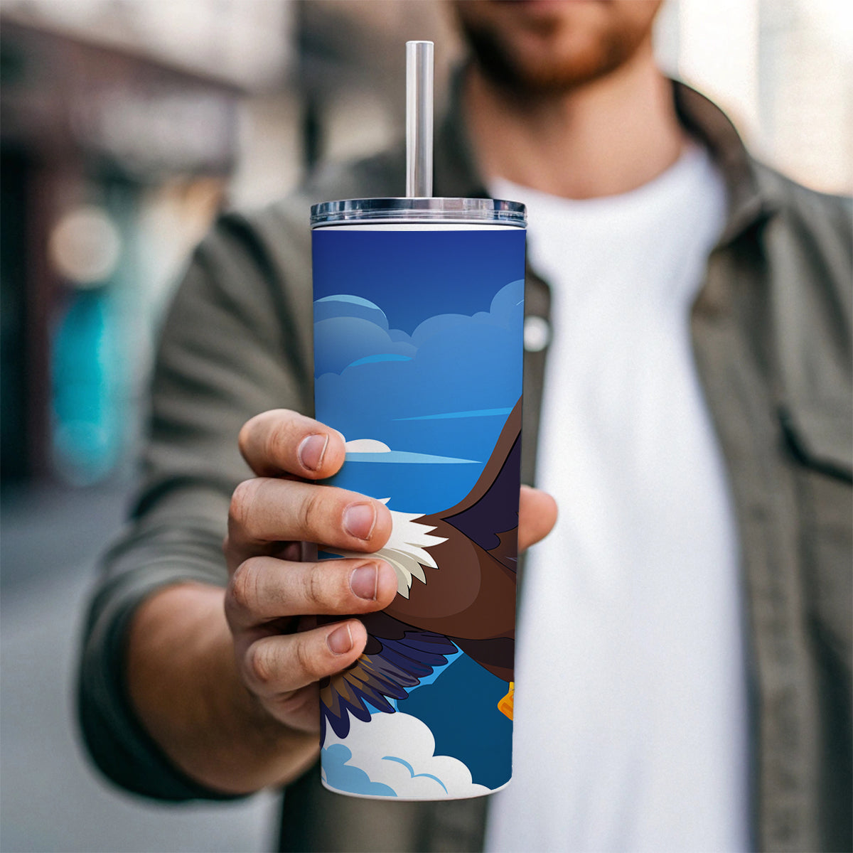 Bald Eagle Flying Skinny Tumbler 20oz with Straw Insulated Water Bottle Gift