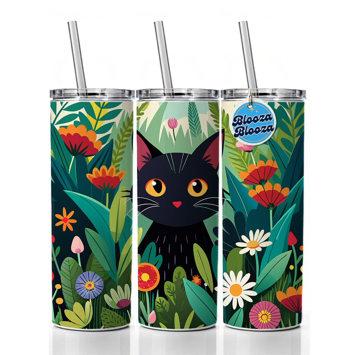 Black Cat Hiding in Flower Garden Skinny Tumbler 20oz with Straw Insulated Water Bottle Gift