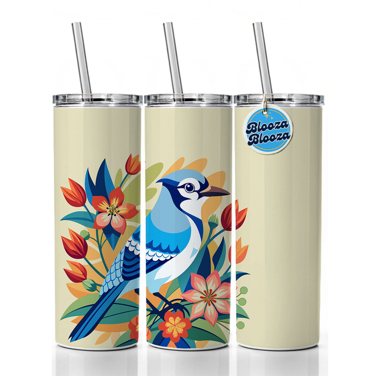 Blue Jay Floral Flowers Skinny Tumbler 20oz with Straw Insulated Water Bottle Gift