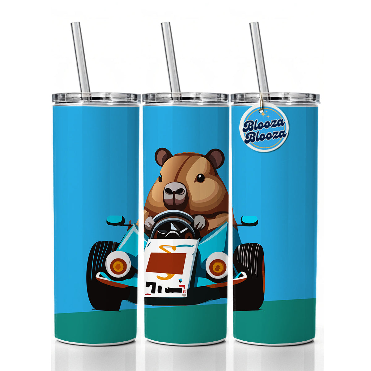 Capybara Driving Race Car Funny Skinny Tumbler 20oz with Straw Insulated Water Bottle Gift