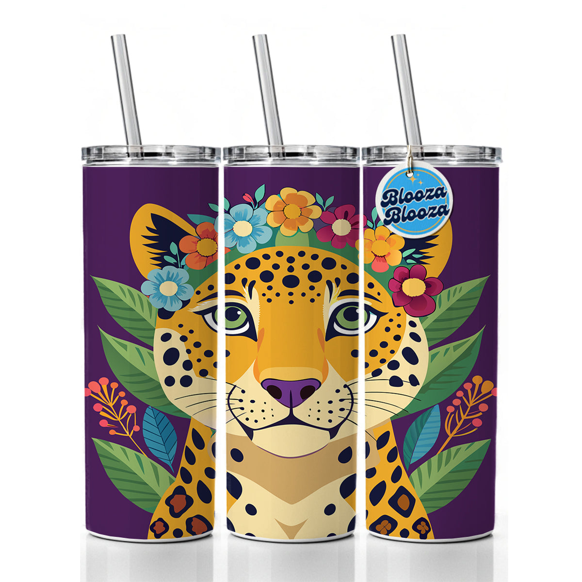 Cheetah Head Floral Flowers Skinny Tumbler 20oz with Straw Insulated Water Bottle Gift