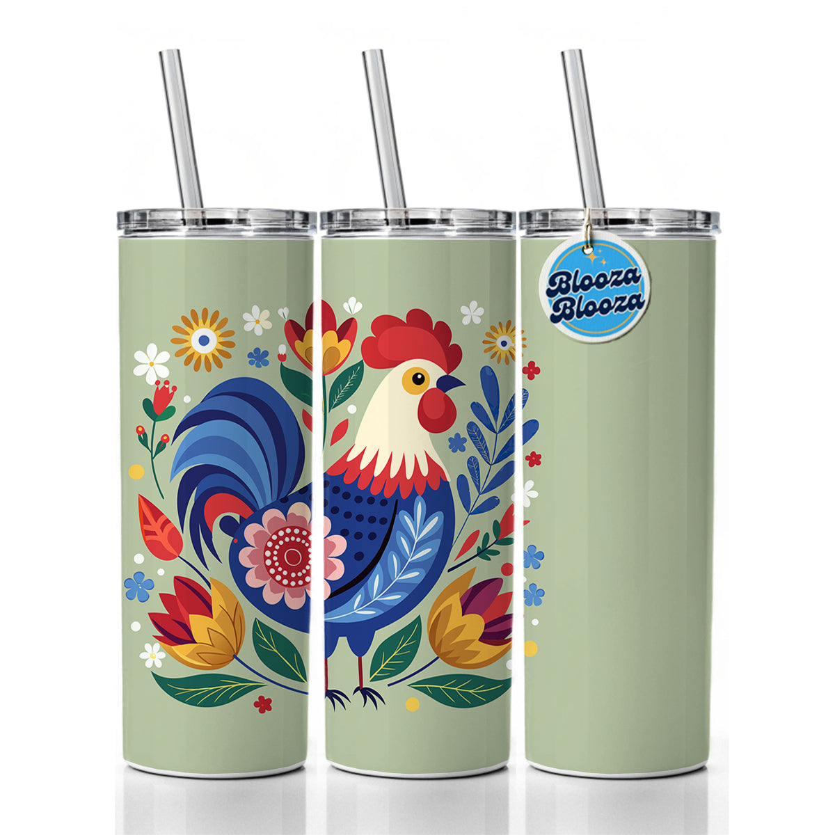 Chicken Rooster Floral Flowers Skinny Tumbler 20oz with Straw Insulated Water Bottle Gift