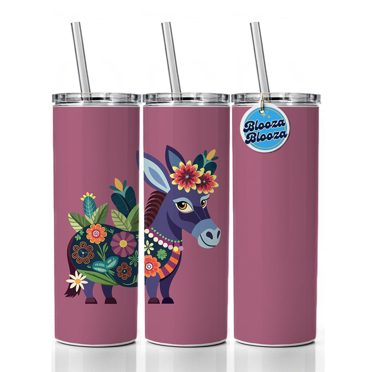 Donkey Floral Flowers Skinny Tumbler 20oz with Straw Insulated Water Bottle Gift