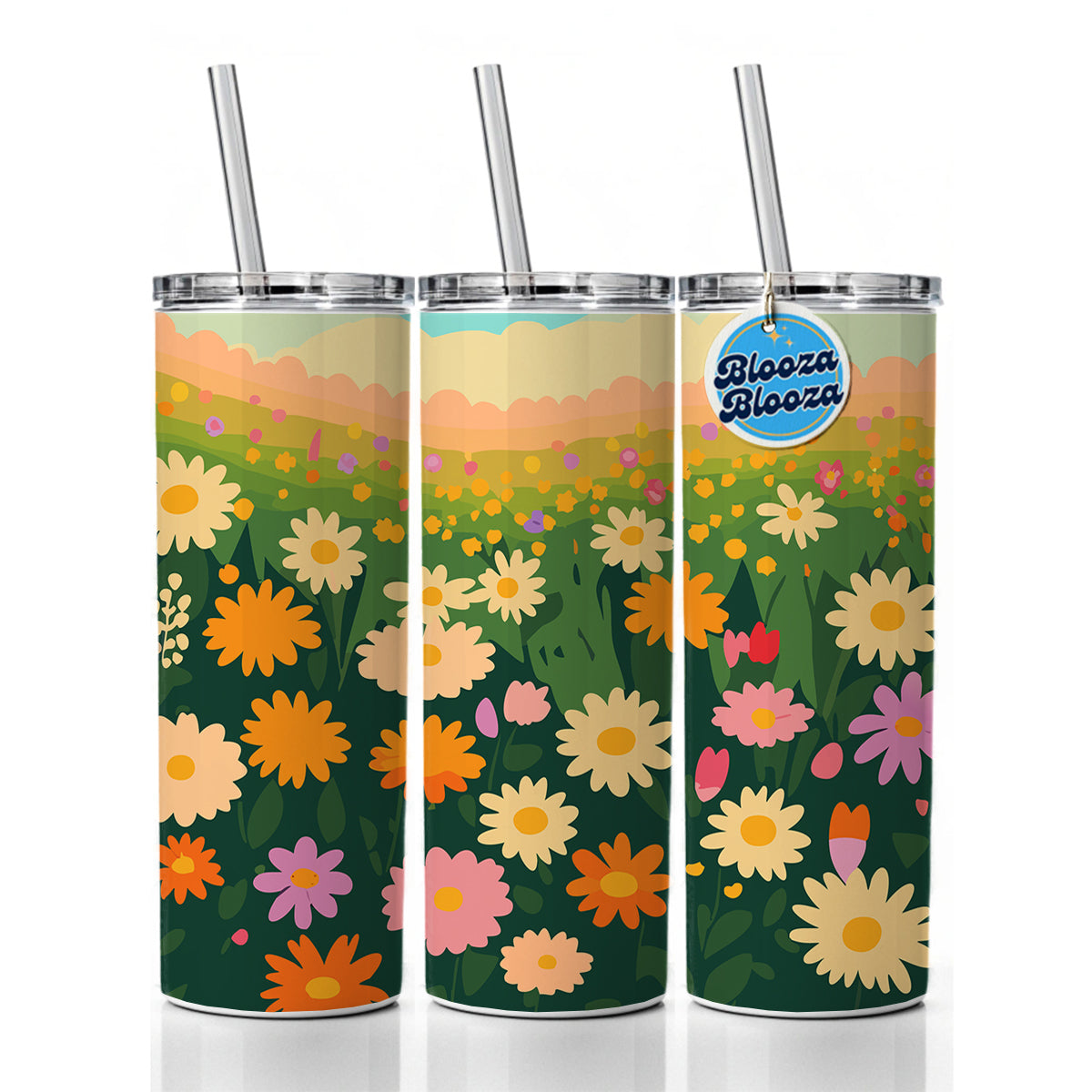Flowers in Meadow Floral Skinny Tumbler 20oz with Straw Insulated Water Bottle Gift