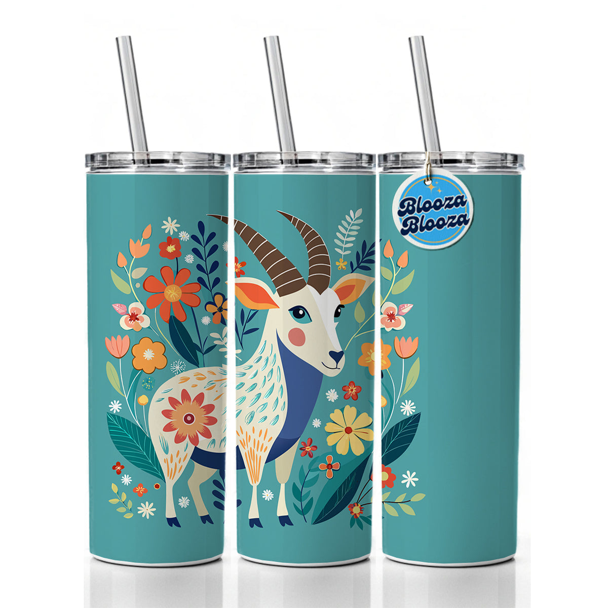 Goat Floral Flowers Skinny Tumbler 20oz with Straw Insulated Water Bottle Gift