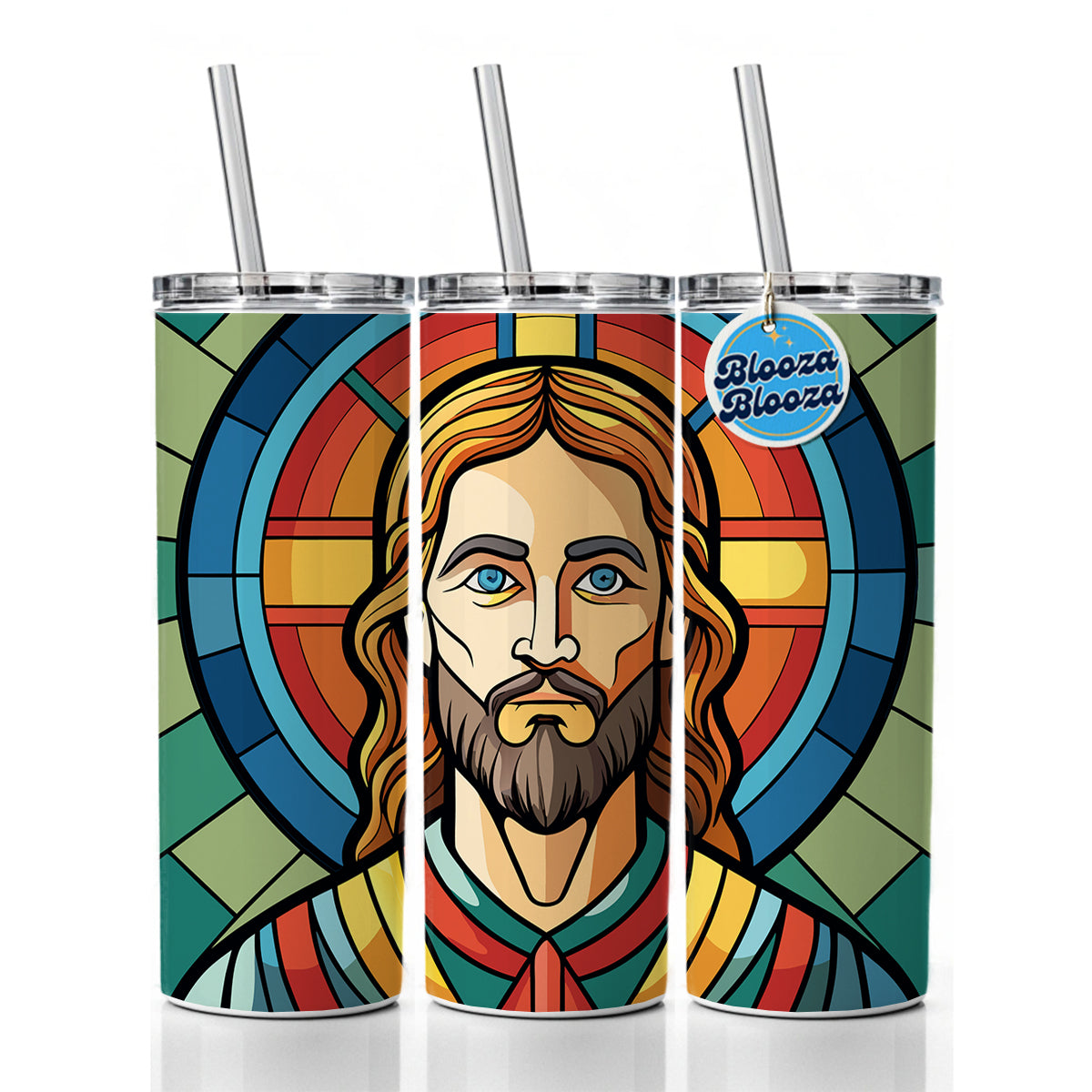 Jesus Stained Glass Christian Religious Catholic Skinny Tumbler 20oz with Straw Insulated Water Bottle Gift