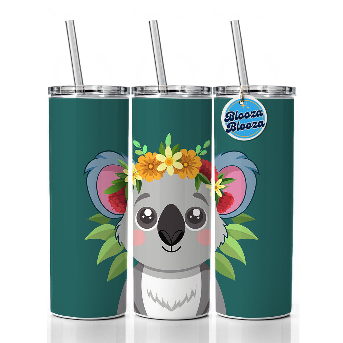 Koala Head Floral Flowers Skinny Tumbler 20oz with Straw Insulated Water Bottle Gift