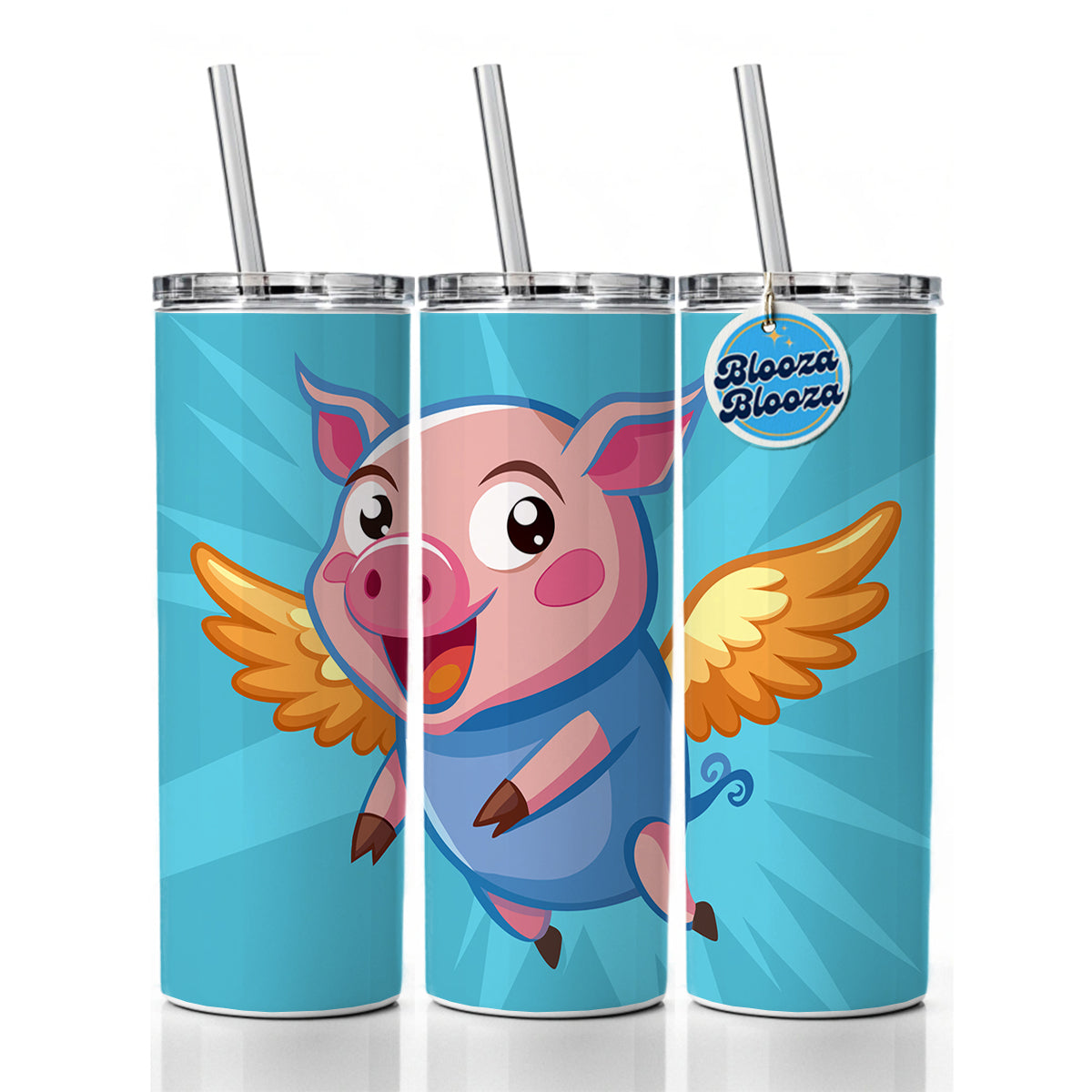 Pig Flying Silly Funny Skinny Tumbler 20oz with Straw Insulated Water Bottle Gift