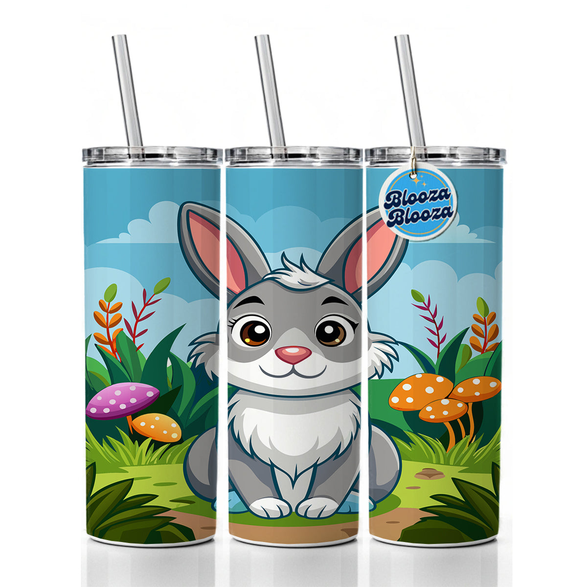 Rabbit Bunny Cute with Toadstools Mushrooms Skinny Tumbler 20oz with Straw Insulated Water Bottle Gift