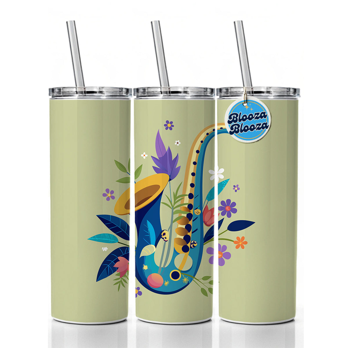 Saxophone Instrument Music Floral Motif Skinny Tumbler 20oz with Straw Insulated Water Bottle Gift