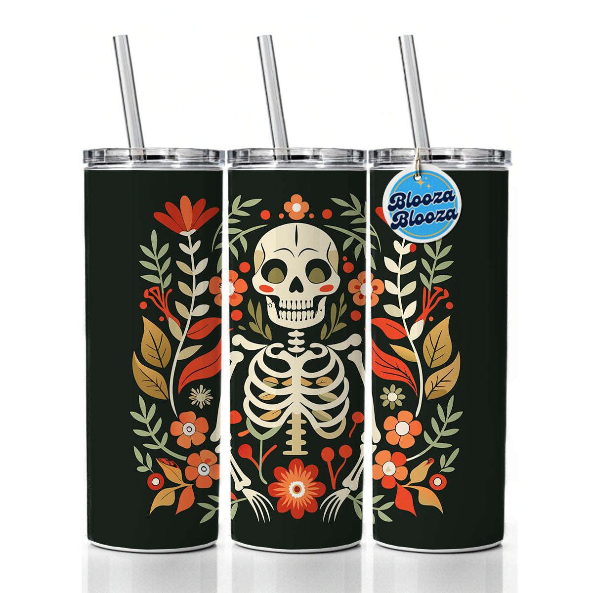 Skeleton Floral Flowers Skinny Tumbler 20oz with Straw Insulated Water Bottle Gift