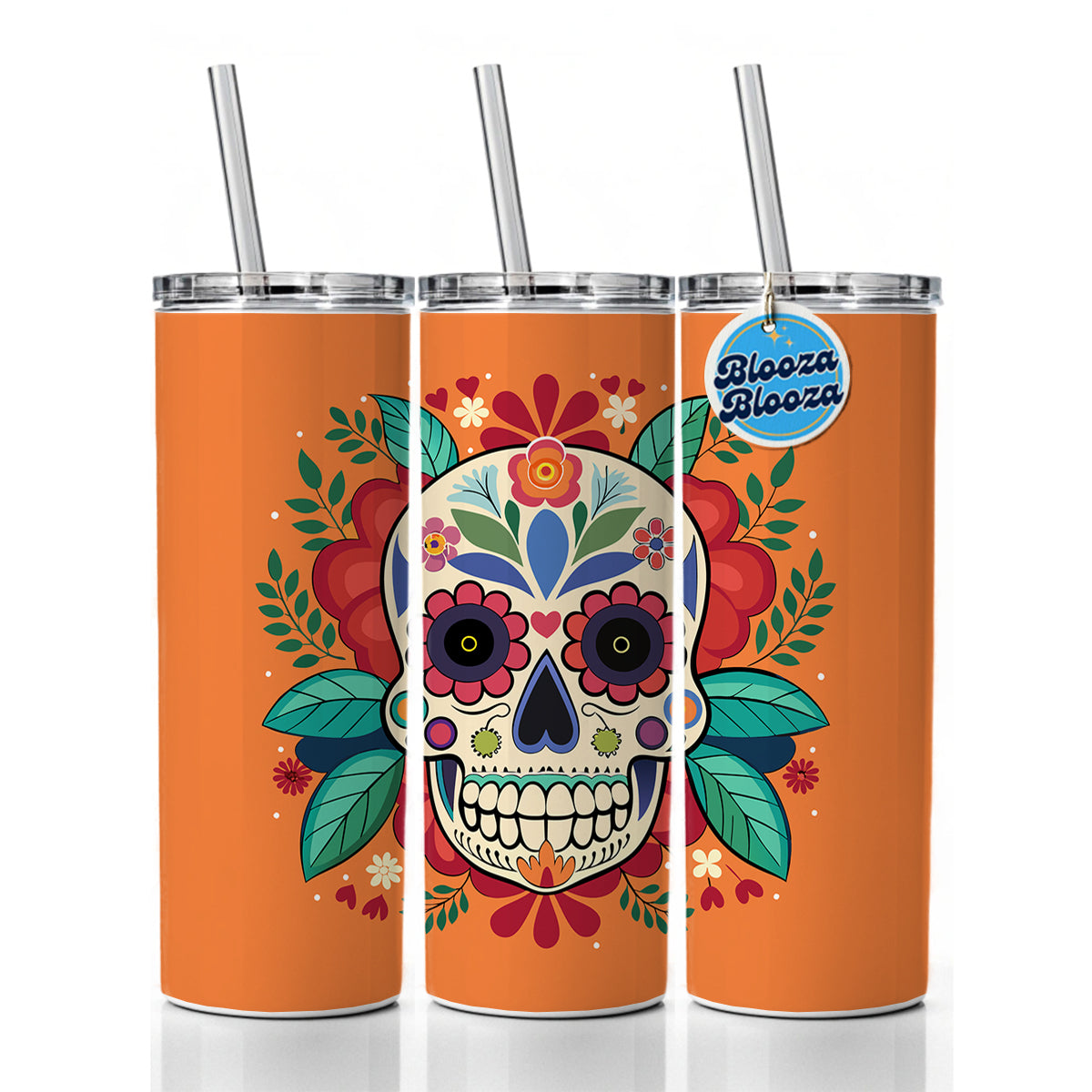 Sugar Skull with Floral Background Skinny Tumbler 20oz with Straw Insulated Water Bottle Gift