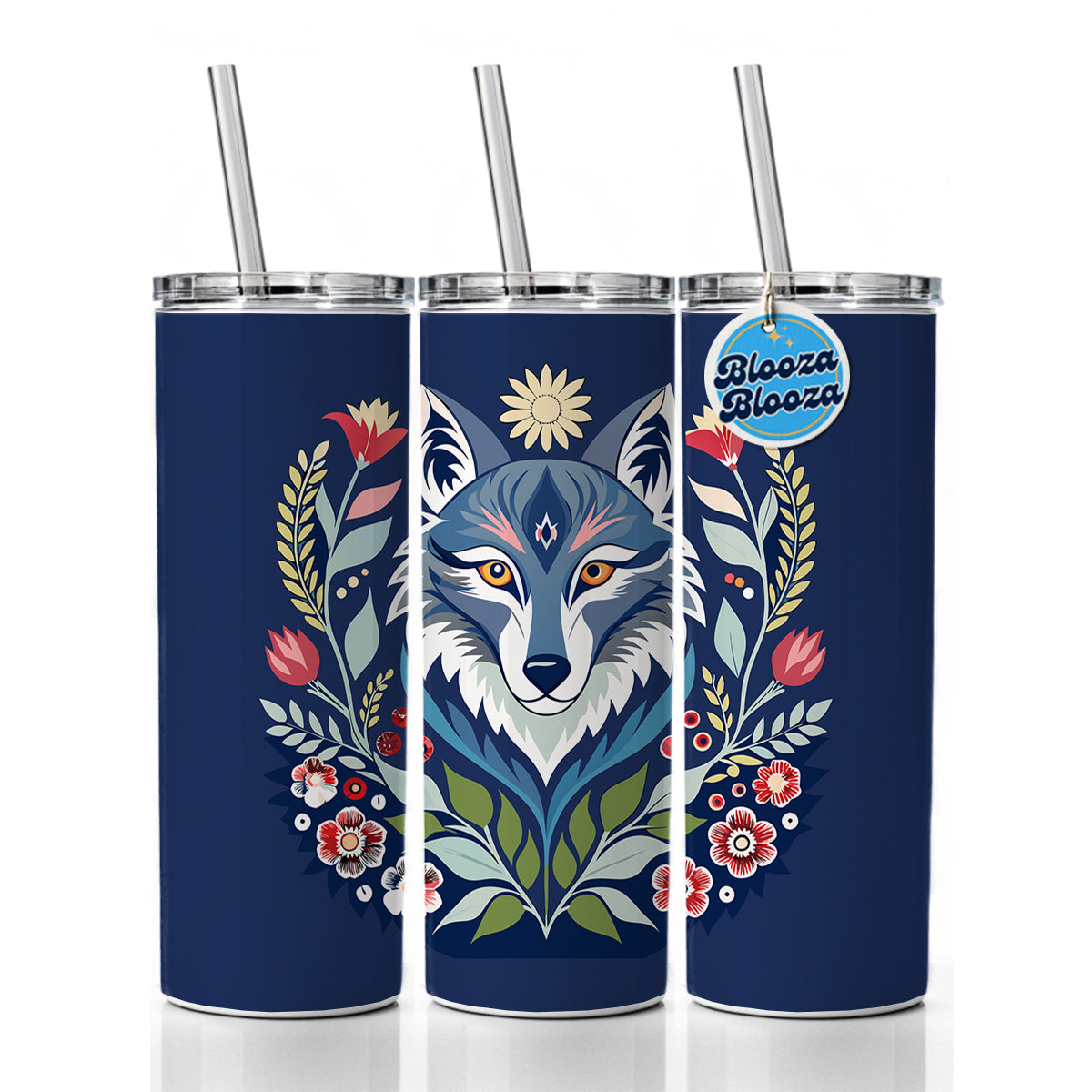 Wolf Floral Flowers Skinny Tumbler 20oz with Straw Insulated Water Bottle Gift