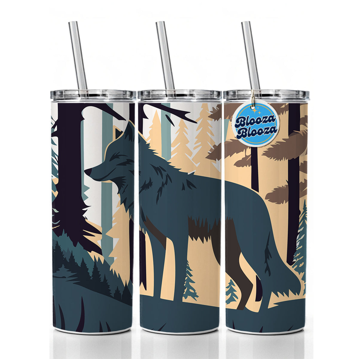 Wolf Gray in Forest Skinny Tumbler 20oz with Straw Insulated Water Bottle Gift