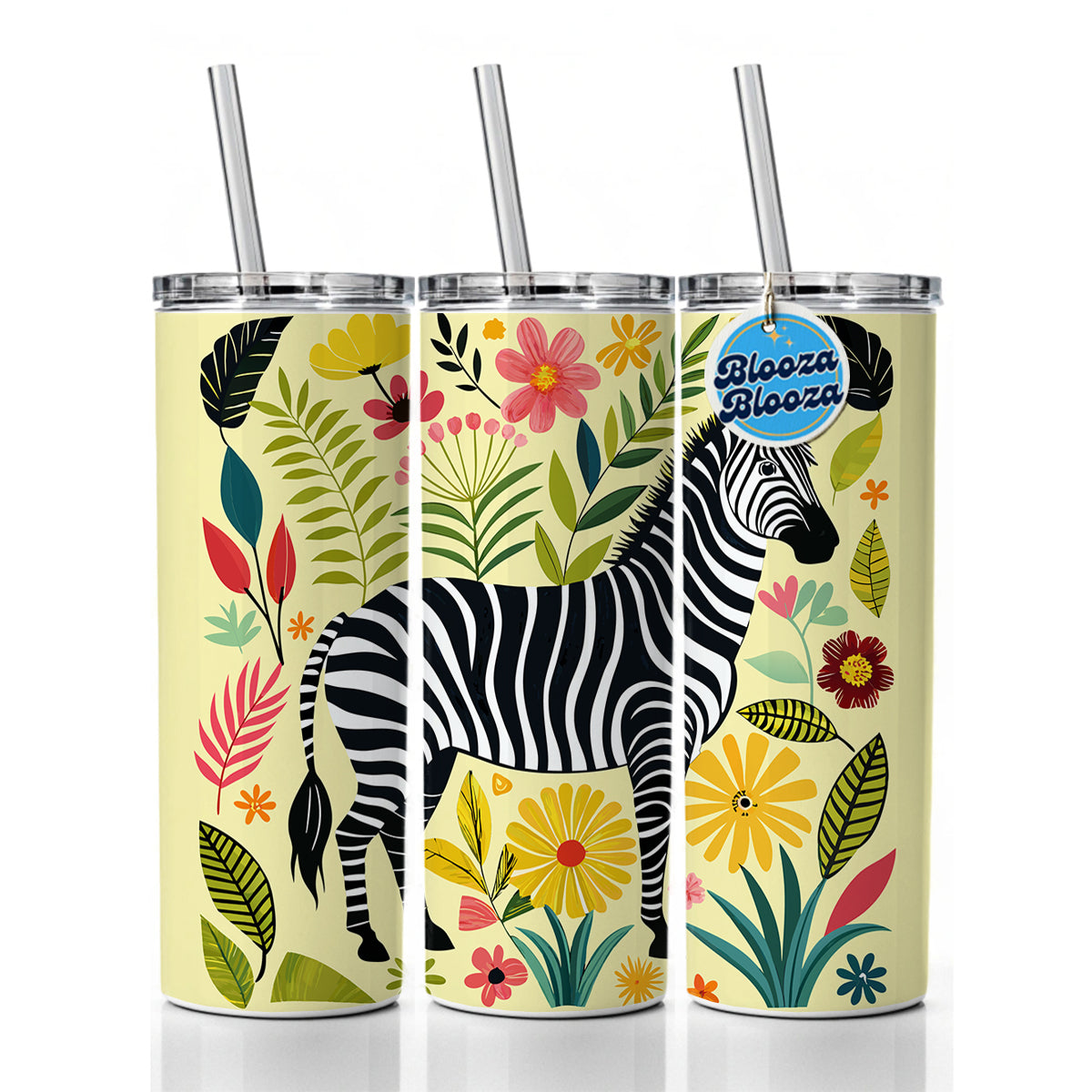 Zebra Floral Flowers Motif Skinny Tumbler 20oz with Straw Insulated Water Bottle Gift