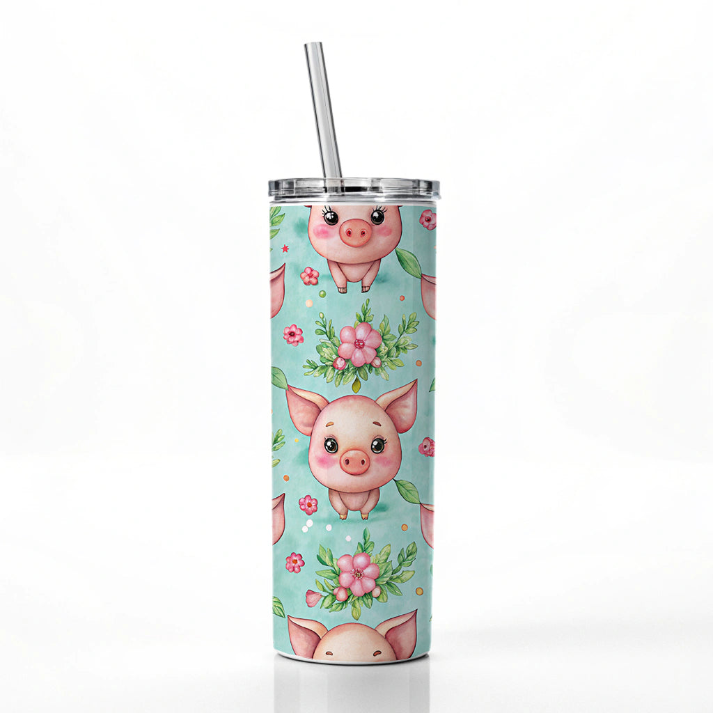 Adorable Pig Faces Watercolor Skinny Tumbler 20oz with Straw Insulated Water Bottle Gift