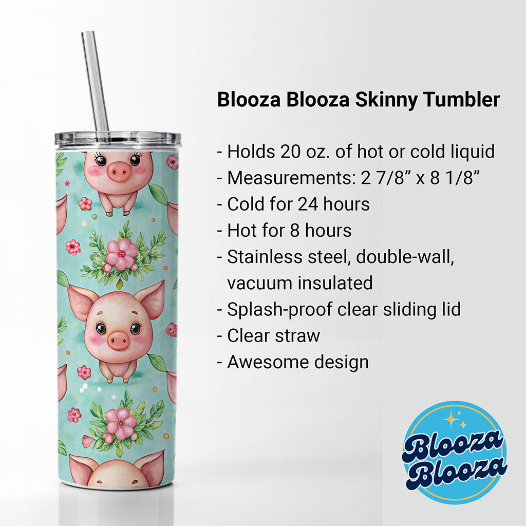 Adorable Pig Faces Watercolor Skinny Tumbler 20oz with Straw Insulated Water Bottle Gift