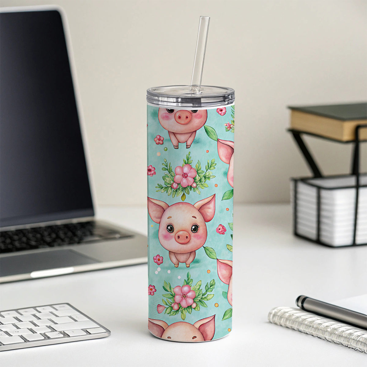 Adorable Pig Faces Watercolor Skinny Tumbler 20oz with Straw Insulated Water Bottle Gift