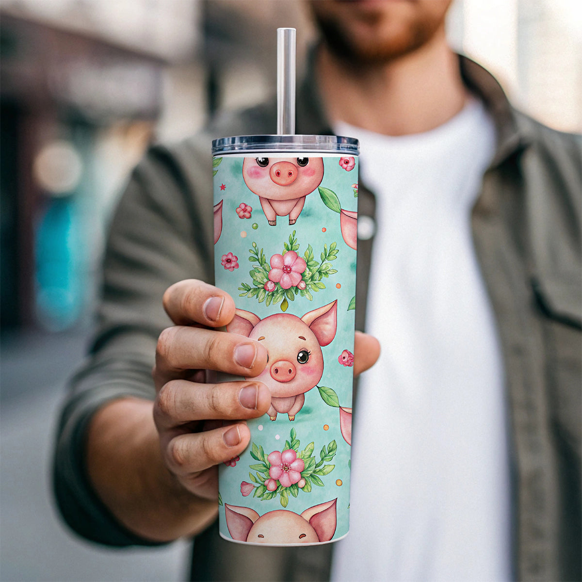 Adorable Pig Faces Watercolor Skinny Tumbler 20oz with Straw Insulated Water Bottle Gift
