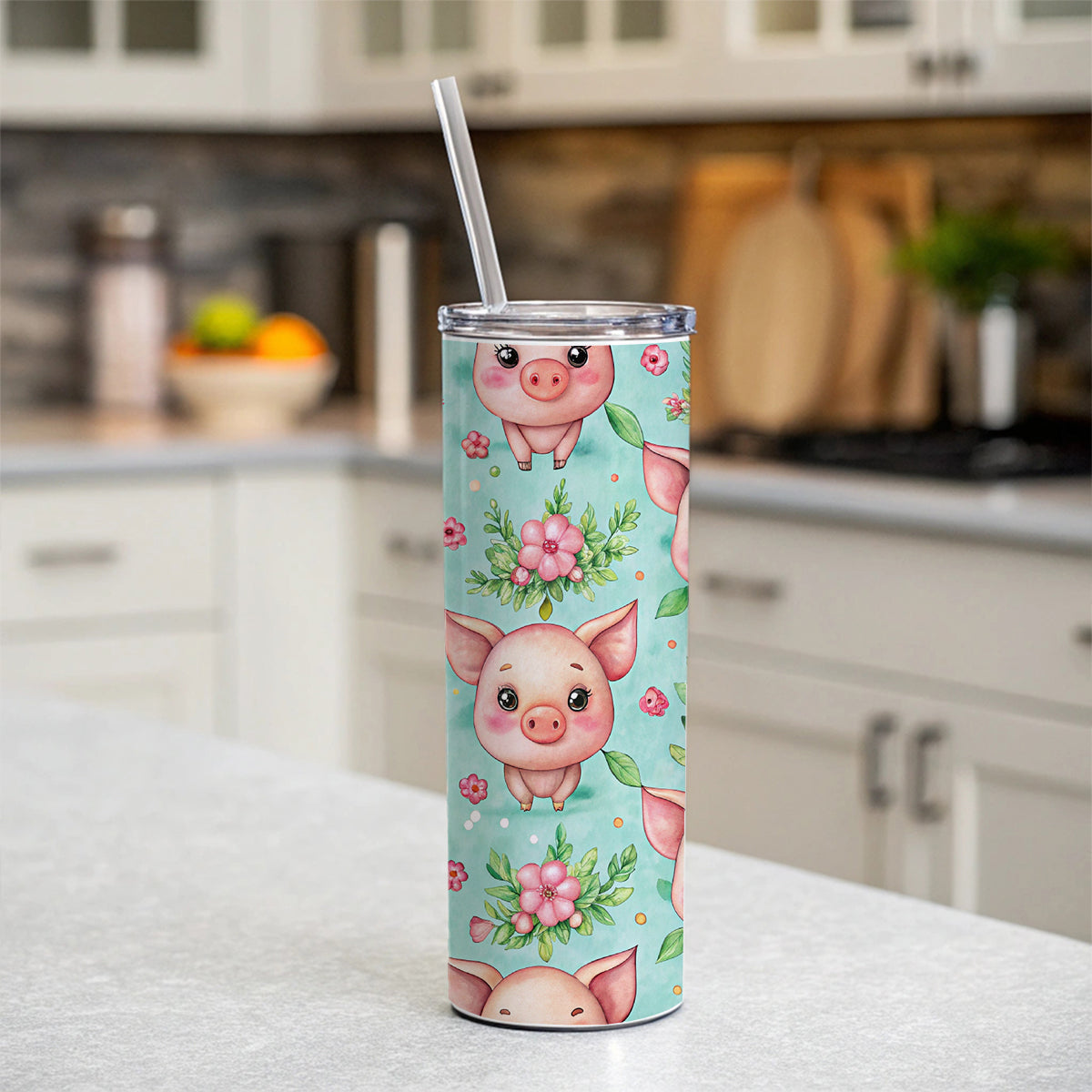 Adorable Pig Faces Watercolor Skinny Tumbler 20oz with Straw Insulated Water Bottle Gift