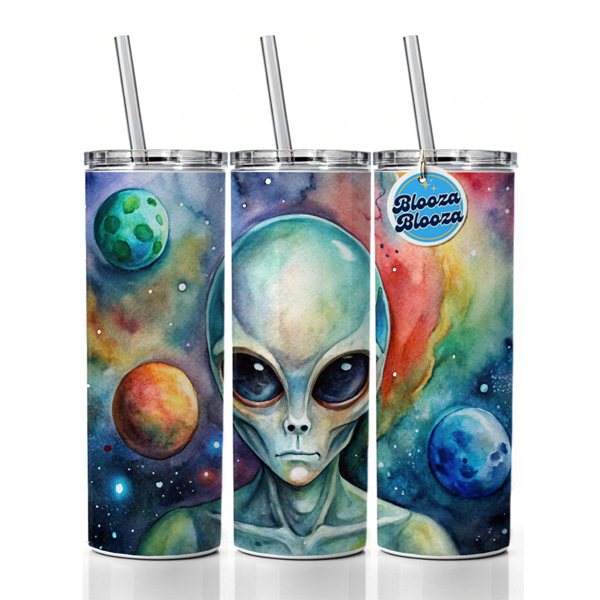 Alien In Space Watercolor Skinny Tumbler 20oz with Straw Insulated Water Bottle Gift