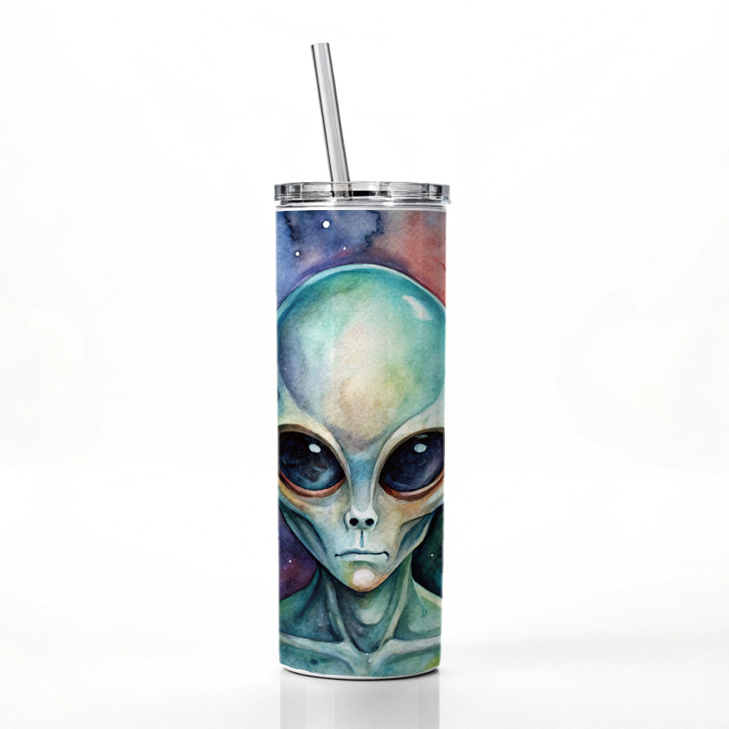 Alien In Space Watercolor Skinny Tumbler 20oz with Straw Insulated Water Bottle Gift