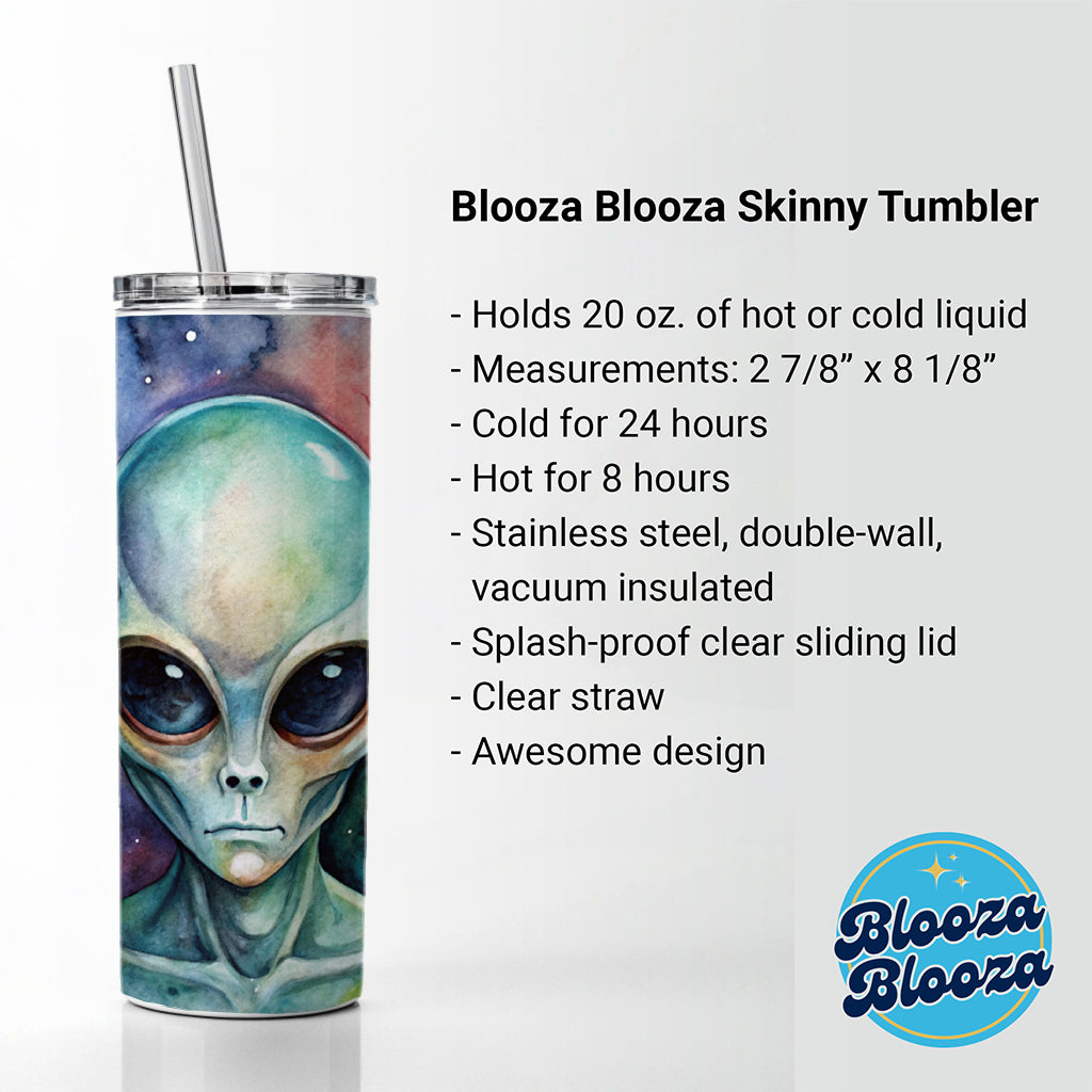 Alien In Space Watercolor Skinny Tumbler 20oz with Straw Insulated Water Bottle Gift