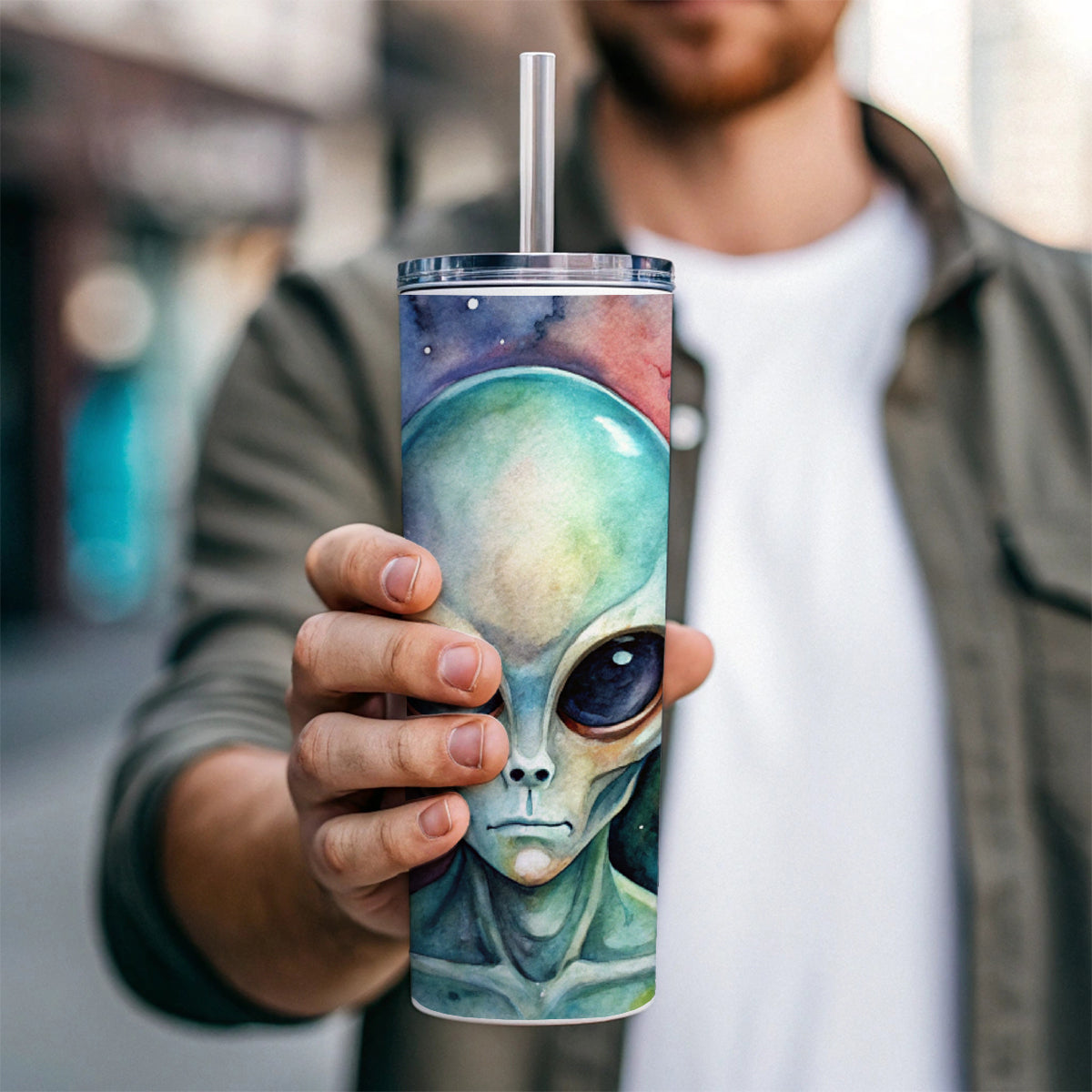 Alien In Space Watercolor Skinny Tumbler 20oz with Straw Insulated Water Bottle Gift
