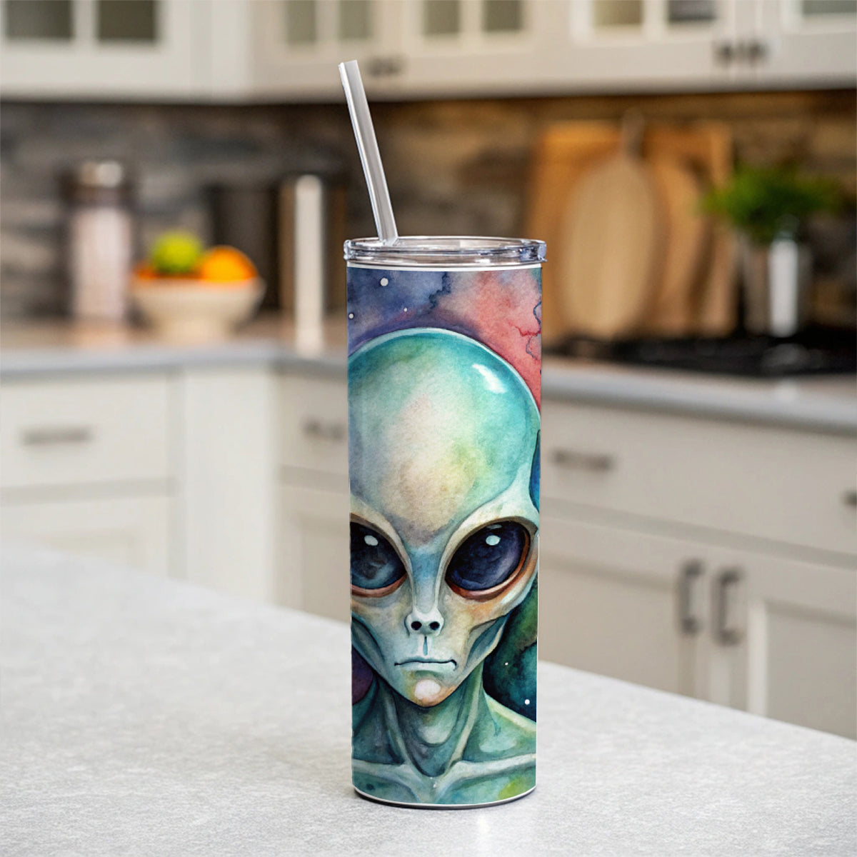 Alien In Space Watercolor Skinny Tumbler 20oz with Straw Insulated Water Bottle Gift