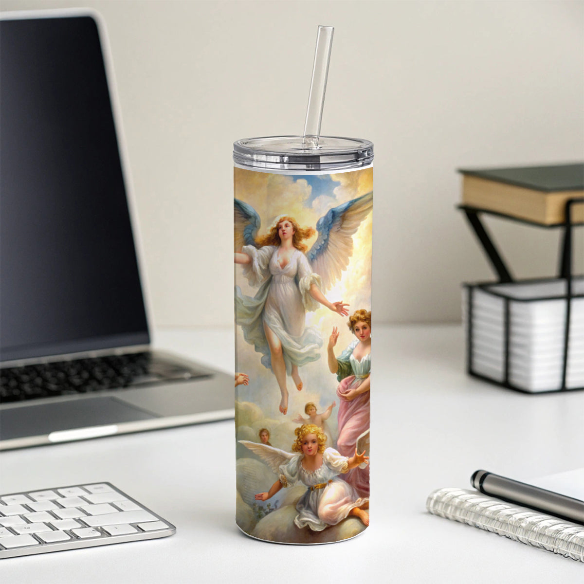 Angels Painting Watercolor Skinny Tumbler 20oz with Straw Insulated Water Bottle Gift
