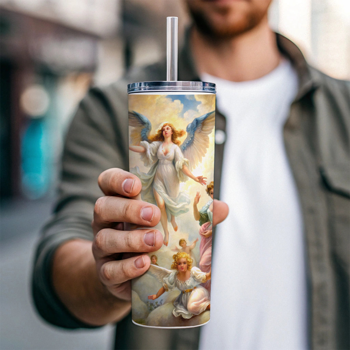 Angels Painting Watercolor Skinny Tumbler 20oz with Straw Insulated Water Bottle Gift