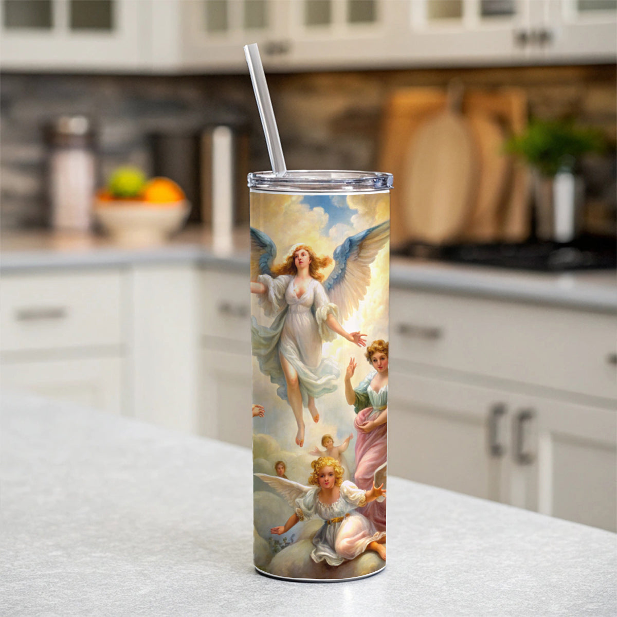 Angels Painting Watercolor Skinny Tumbler 20oz with Straw Insulated Water Bottle Gift