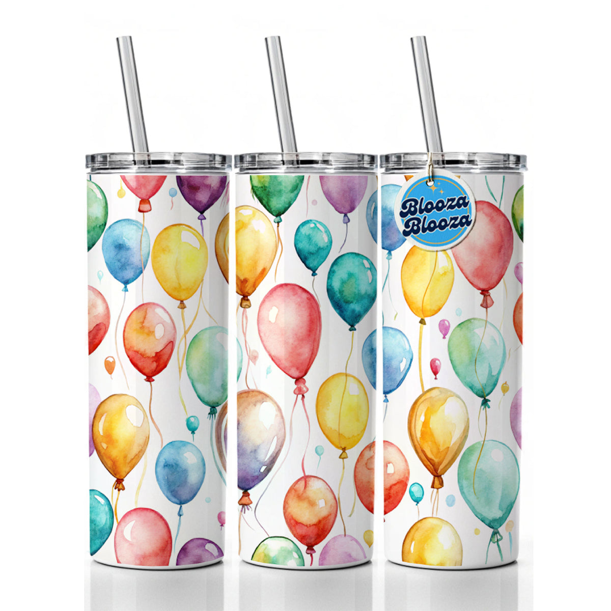 Balloons Colorful Watercolor Birthday Skinny Tumbler 20oz with Straw Insulated Water Bottle Gift