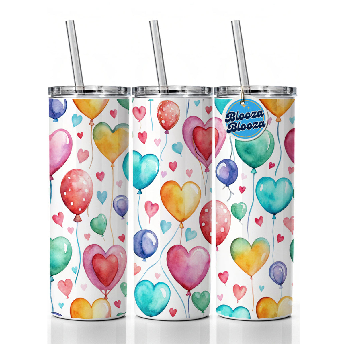 Balloons Hearts Colorful Watercolor Birthday Skinny Tumbler 20oz with Straw Insulated Water Bottle Gift