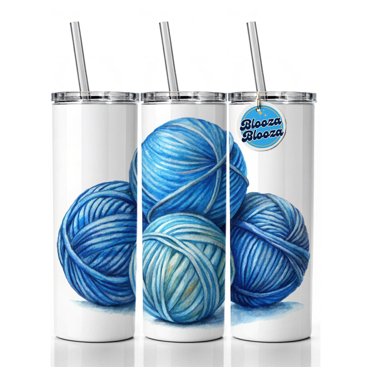 Balls Of Blue Yarn Knitting Crochet Watercolor Skinny Tumbler 20oz with Straw Insulated Water Bottle Gift