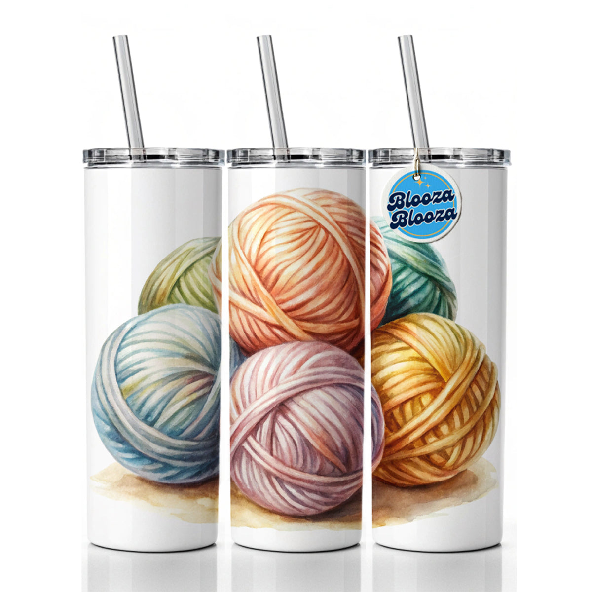 Balls Of Pastel Yarn Knitting Crochet Watercolor Skinny Tumbler 20oz with Straw Insulated Water Bottle Gift