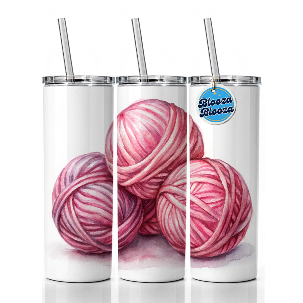 Balls Of Pink Yarn Knitting Crochet Watercolor Skinny Tumbler 20oz with Straw Insulated Water Bottle Gift