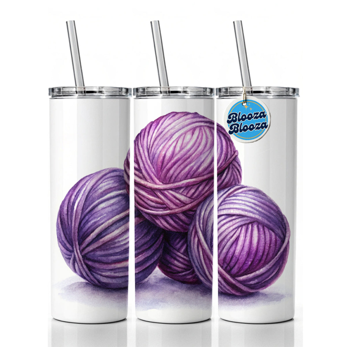 Balls Of Purple Yarn Knitting Crochet Watercolor Skinny Tumbler 20oz with Straw Insulated Water Bottle Gift