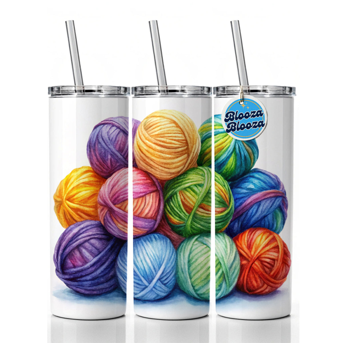 Balls Of Rainbow Yarn Knitting Crochet Watercolor Skinny Tumbler 20oz with Straw Insulated Water Bottle Gift