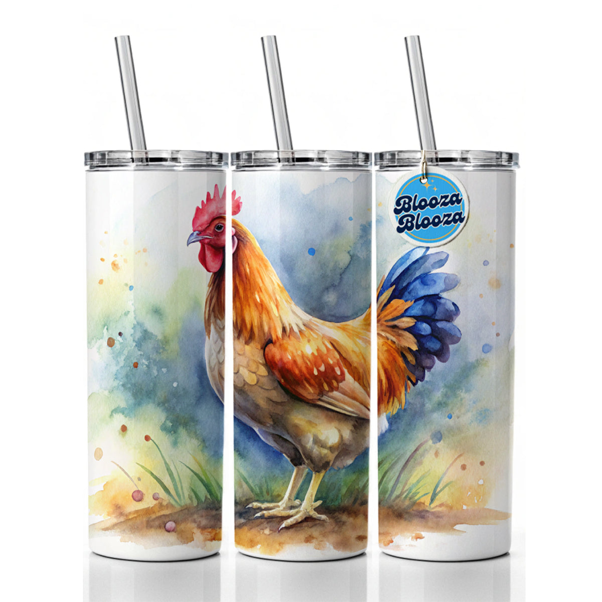 Beautiful Chicken Watercolor Skinny Tumbler 20oz with Straw Insulated Water Bottle Gift