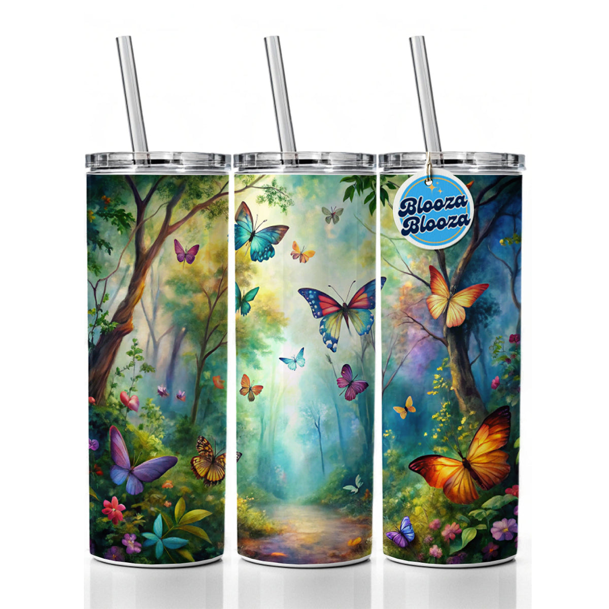 Butterflies Forest Fantasy Watercolor Design Skinny Tumbler 20oz with Straw Insulated Water Bottle Gift