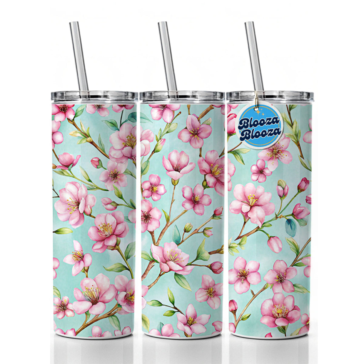Cherry Blossom Flowers Light Blue Skinny Tumbler 20oz with Straw Insulated Water Bottle Gift