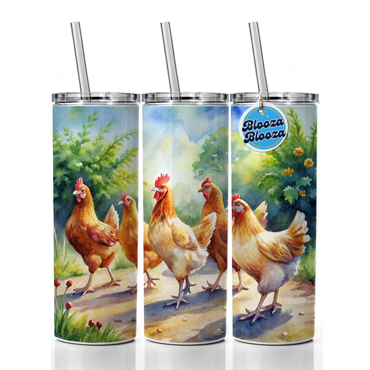 Chickens Walking Around Watercolor Skinny Tumbler 20oz with Straw Insulated Water Bottle Gift