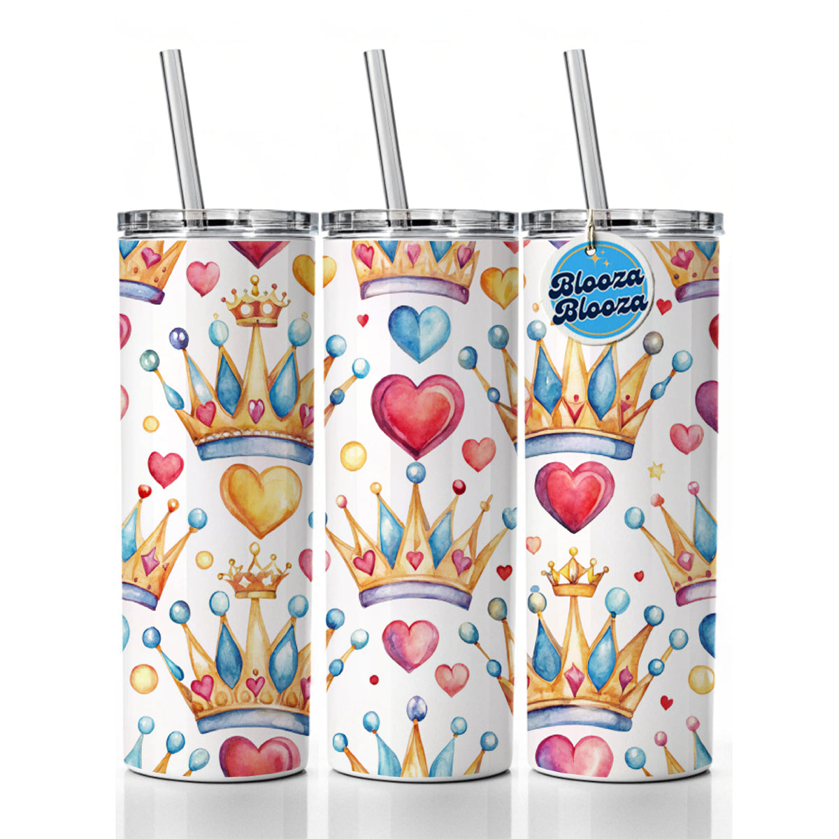 Crowns Royalty Tiaras Hearts Watercolor Skinny Tumbler 20oz with Straw Insulated Water Bottle Gift