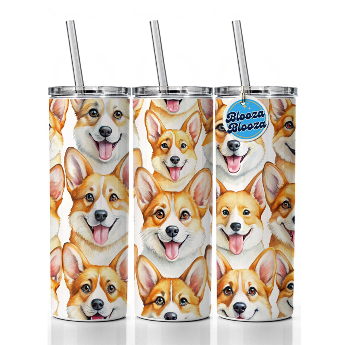 Cute Corgi Dog Faces Watercolor Skinny Tumbler 20oz with Straw Insulated Water Bottle Gift
