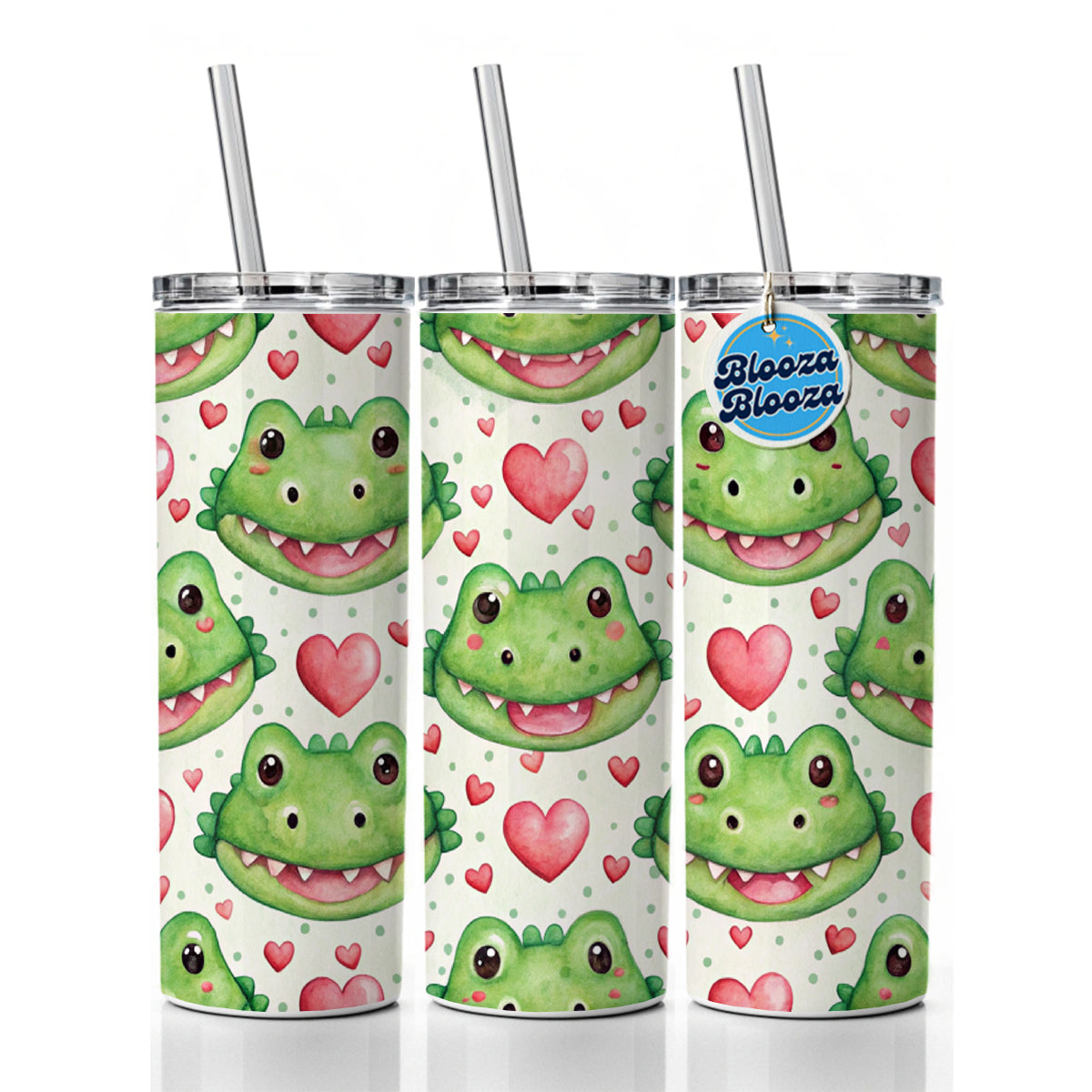 Cute Crocodile Alligator Faces Hearts Skinny Tumbler 20oz with Straw Insulated Water Bottle Gift