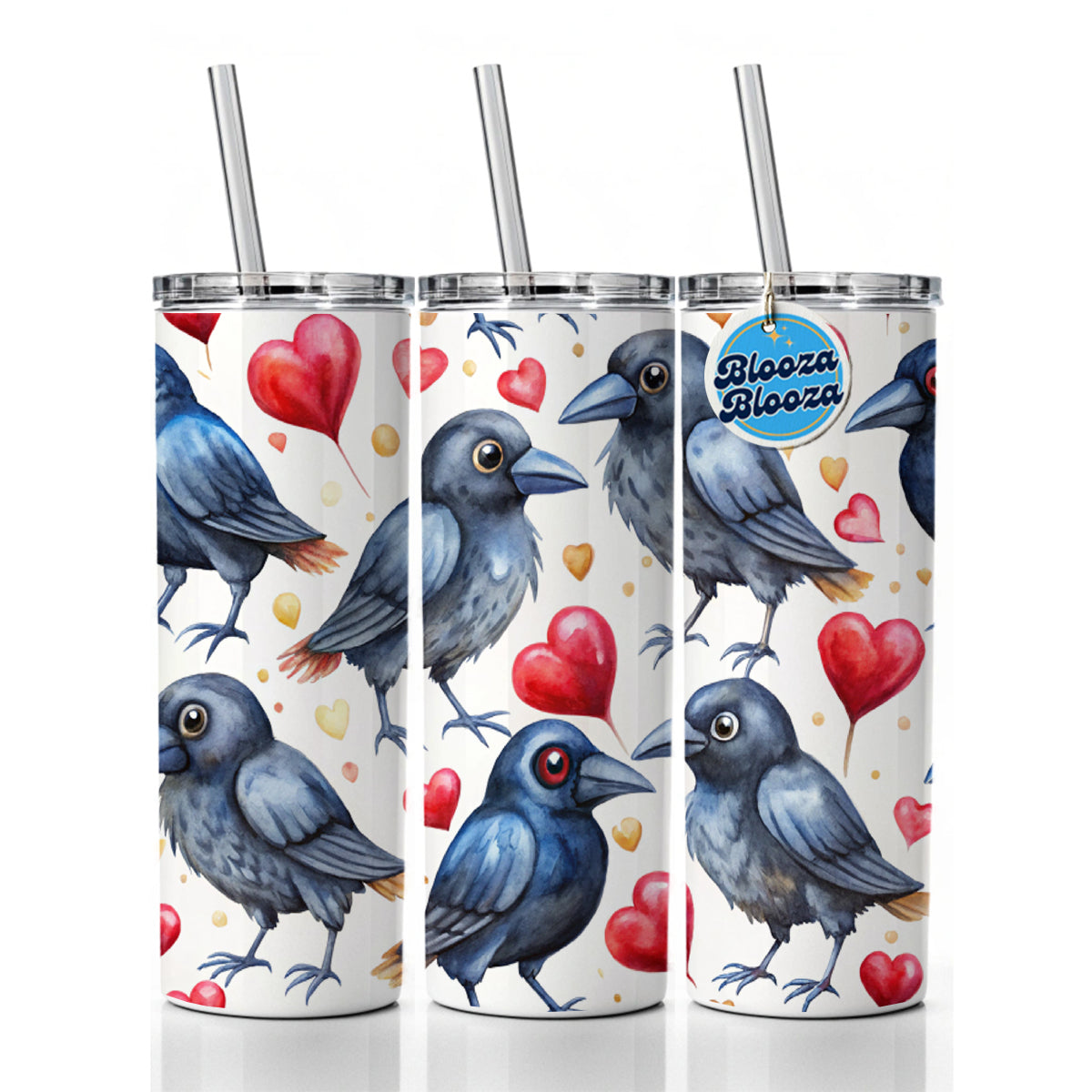 Cute Crows Hearts Watercolor Skinny Tumbler 20oz with Straw Insulated Water Bottle Gift