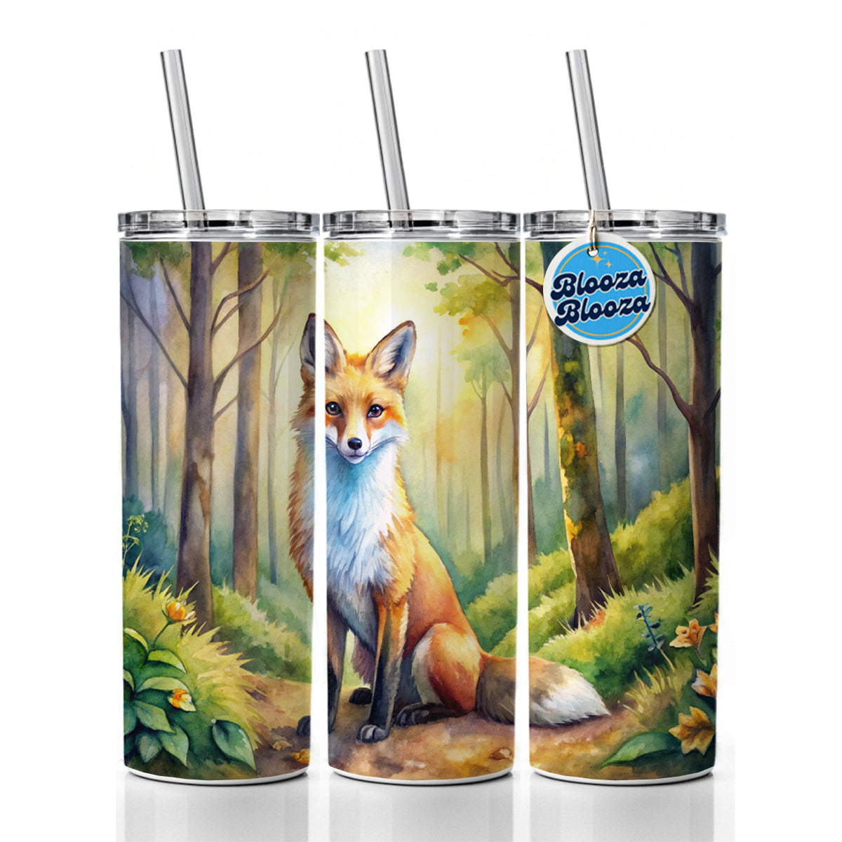 Fox Sitting In Forest Watercolor Skinny Tumbler 20oz with Straw Insulated Water Bottle Gift