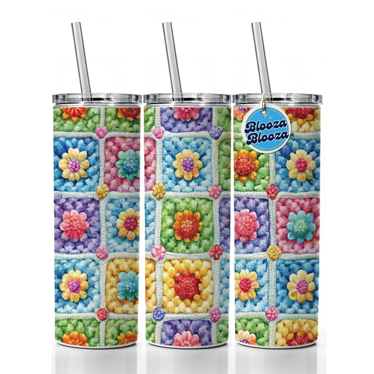 Granny Square Crochet Crocheting Pattern Watercolor Skinny Tumbler 20oz with Straw Insulated Water Bottle Gift