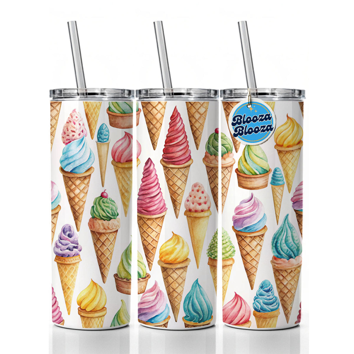 Ice Cream Cones Colorful Skinny Tumbler 20oz with Straw Insulated Water Bottle Gift